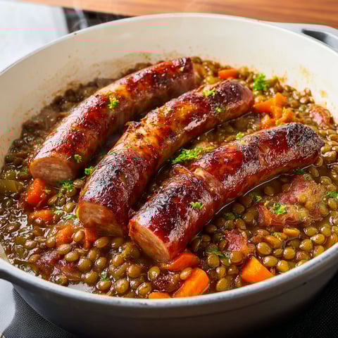 Saucisses de Montbéliard aux Lentilles Vertes - Un plat de saucisses de Montbéliard dans un bol, accompagné de légumes verts.