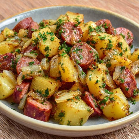 Une assiette de pommes de terre sautées avec des herbes et des saucisses paysannes.