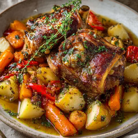 Une assiette de jarret de porc confit aux légumes racines et jus aux herbes, accompagnée de carottes et de pommes de terre.