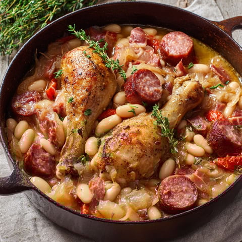 Cassoulet de mamie au poulet et saucisse est un plat traditionnel français qui contient des poulets, des saucisses et des haricots verts.