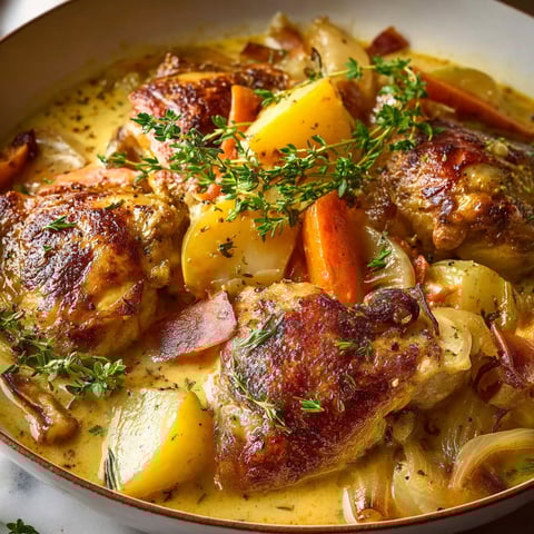 Un plat de poulet braisé au cidre brut, garnie de carottes et d'herbes.
