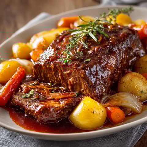 Un plat de rôti de bœuf braisé au vin rouge et légumes fondants, avec des carottes et des pommes de terre.
