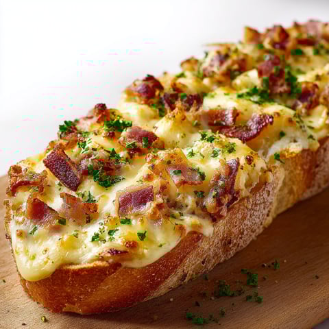 Une baguette gratinée à la raclette, avec des herbes et des bacon, sur un plateau de bois.