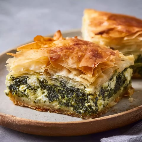 Un plat de Spanakopita (feuilletés aux épinards et à la feta) sur un plateau.