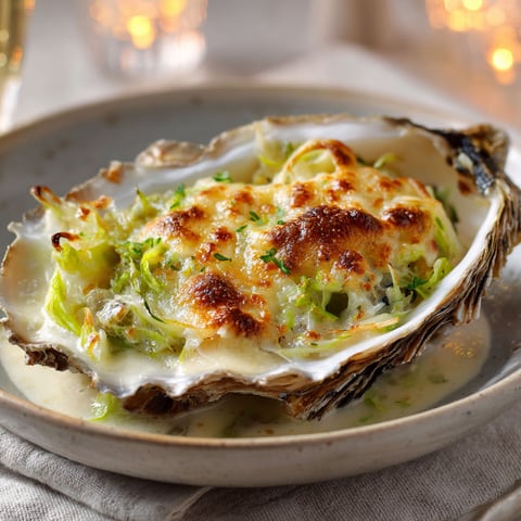 Une assiette de huîtres gratinées aux poireaux, accompagnée d'une bouteille de vin.