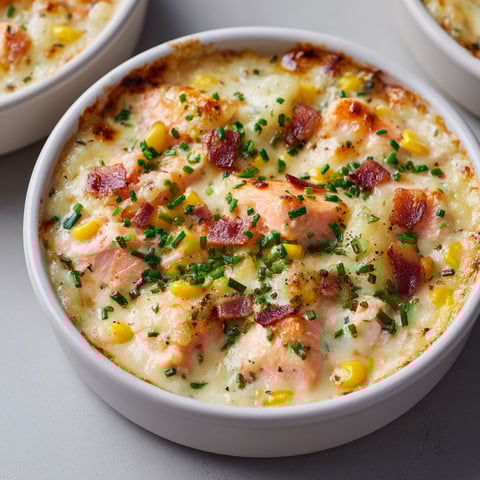 Une chaudrée gratinée au saumon et au maïs est servie dans un bol.