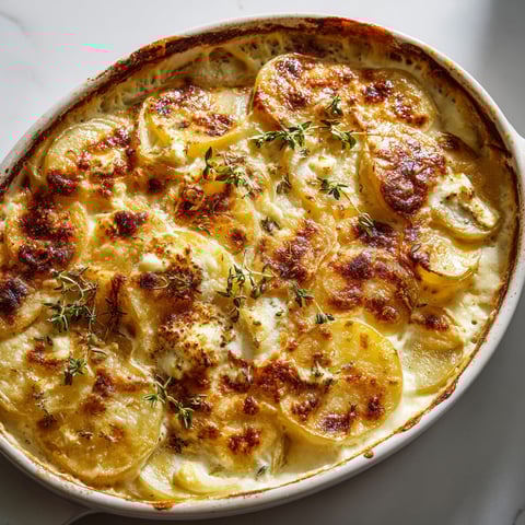 Une gratinée de pommes de terre au camembert flambé au calva, servie dans un bol en verre.