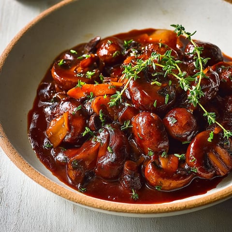 Un sacré bourguignon de champignons est servie dans un bol en céramique.