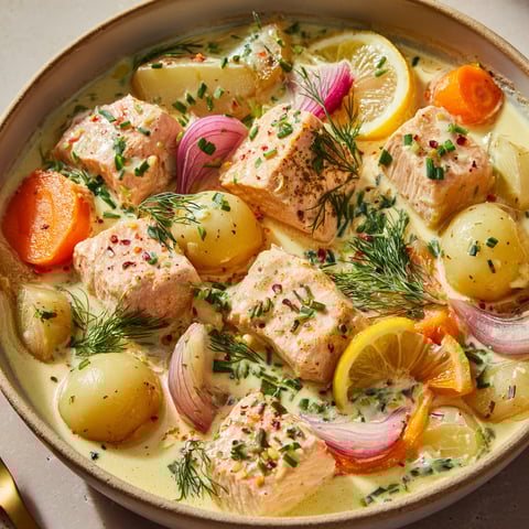 Une blanquette de saumon, sauce poulette, est servie dans un bol.