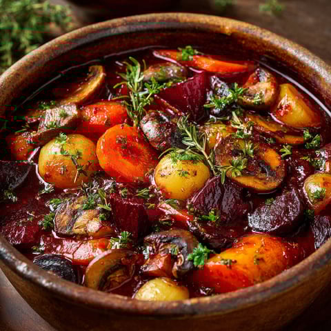 Un plat de bourguignon de légumes d'hiver est servie dans un bol en terre.