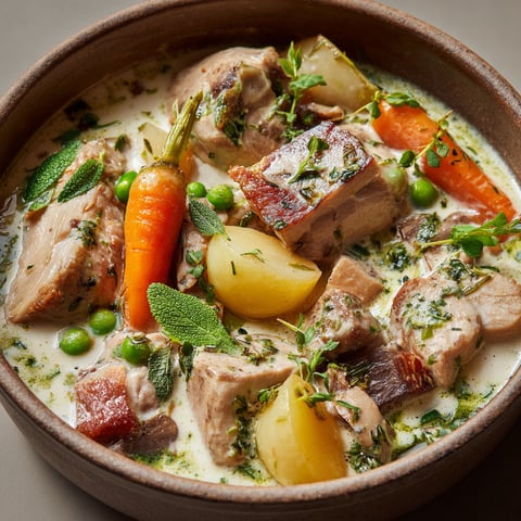 Une assiette de blanquette de veau, sauce émulsionnée à la verveine, avec des légumes et des carottes.