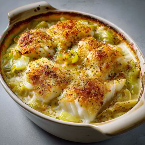 Une gratinée de cabillaud aux poireaux et crème, servie dans un bol en porcelaine.