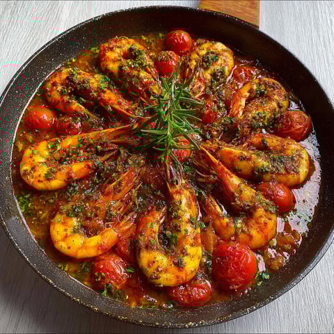 Une poêle de gambas poêlées à l'ail, tomates et herbes du Sud.