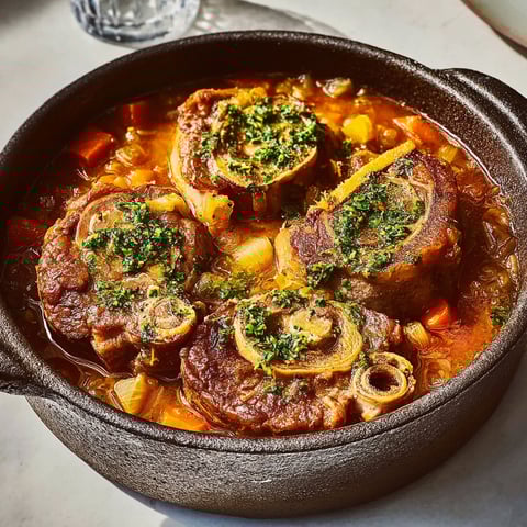 Un bouillon de viande avec des osso-bucco et des légumes.