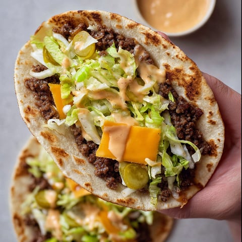 Une taco-burgère est présentée dans une main, avec des ingrédients tels que du fromage, du concombre et des épinards.