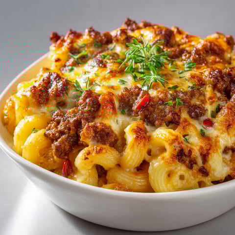 Un plat de macaronis à la viande et au fromage gratiné.