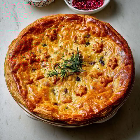 Une tarte au boeuf braisé en croûte, garnie de herbes et de paillettes de tomate, est servie sur un plateau.