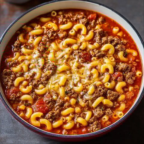 Un bol de goulash américain à l'ancienne avec des macaronis et des tomates.