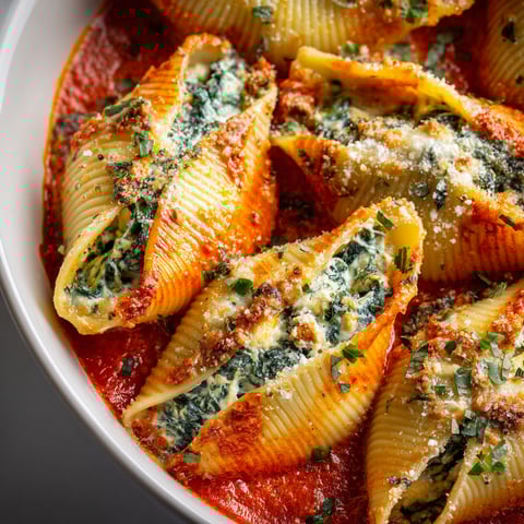 Coquilles farcies au fromage cottage et aux épinards, sauce aux poivrons rôtis.