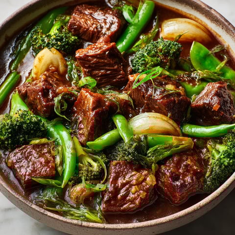 Une assiette de bœuf mijoté avec des légumes verts.