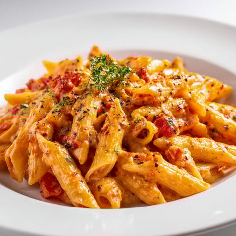 Une plate de pâtes crémeuses aux tomates, avec une sauce tomate et des herbes, est servie sur un plateau.