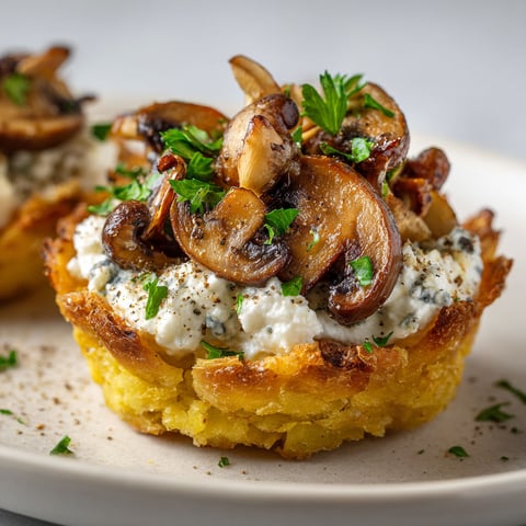 Une tartelette aux champignons et aux pommes de terre est servie sur un plateau.
