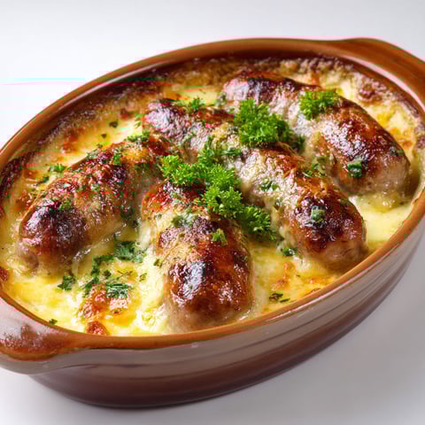 Une assiette de andouillette gratinée au fromage et crème, avec des herbes vertes sur les andouillette.