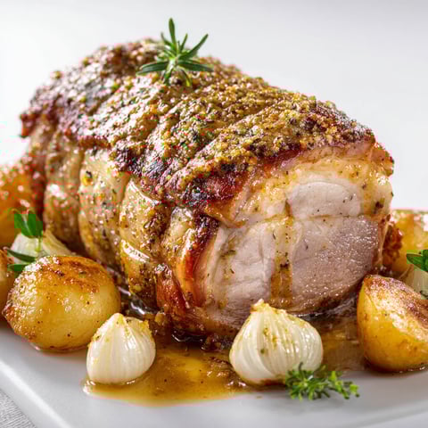 Un rôti de porc garnie de pommes de terre et de céleri, accompagné d'une sauce moutarde, est servie sur un plateau.