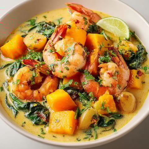 Une blanquette de crevettes, potiron et crème de coco, servie dans un bol.