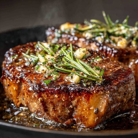 Une vue de dessus de deux morceaux de viande de boeuf juteux, garnis d'ail et de beurre.