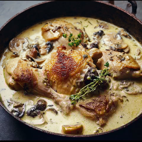 Un plat de poulet de Bresse au vin jaune et aux champignons, servit dans un bol en fonte.