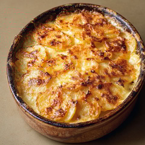 Le gratin savoyard à la tomme de Savoie de Norbert Tarayre est un plat de pommes de terre et de fromage gratiné, servit dans un bol en bois.