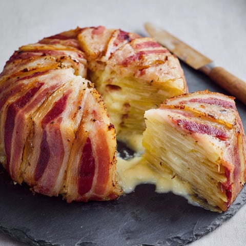 Une pièce de gâteau de pomme de terre au reblochon, avec une tranche en train de tomber.