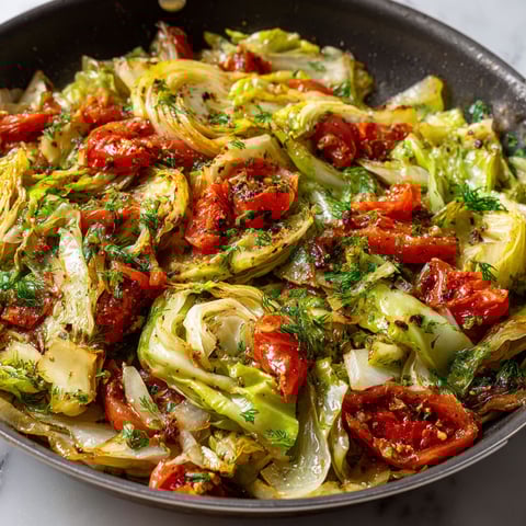 Une salade de chou et de tomates sautées dans une poêle, accompagnée de herbes et de vinaigrette.