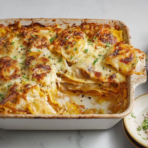 Un plat de gratin de ravioles au comté, avec des herbes et des épices, est prêt à être servi.