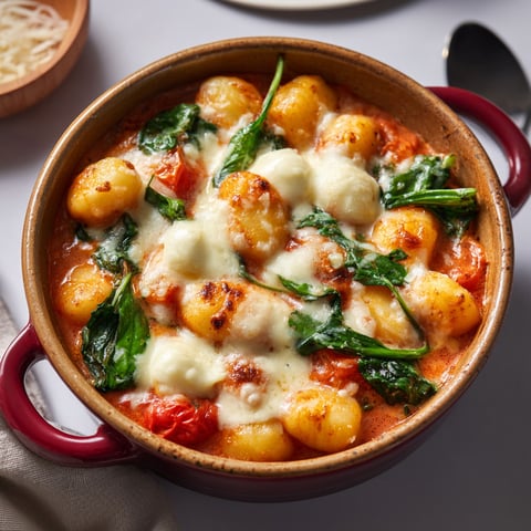 Une cocotte de gnocchis à la sauce tomate crémeuse, épinards et mozzarella est servie sur une table blanche.