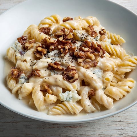 Une assiette de pâtes crémeuses au gorgonzola fondante, croquante, rapide à préparer et terriblement gourmande.
