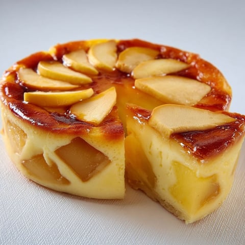 Une portion de flan aux pommes et yaourt, avec des pommes et du yaourt visibles.