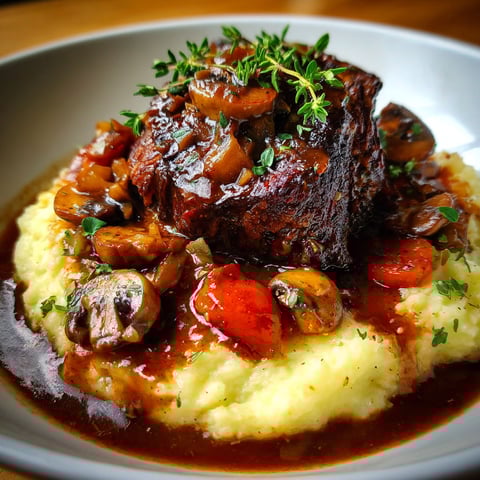 Un plat de joue de bœuf confite aux champignons et purée maison, avec des champignons et des herbes sur le dessus.