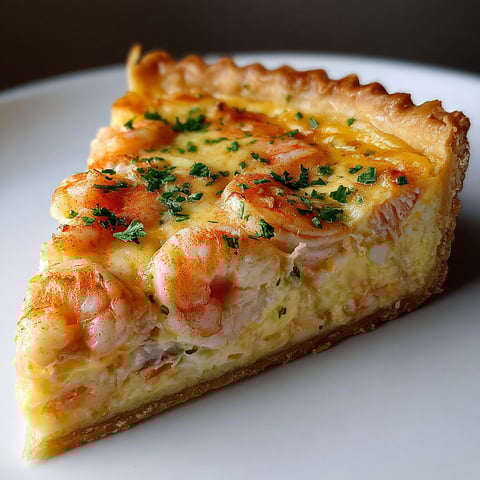 Une tarte aux crevettes de Floride est servie sur un plateau.