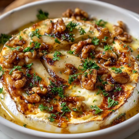 Une tasse de fromage brie rôti aux poires, noix et miel.