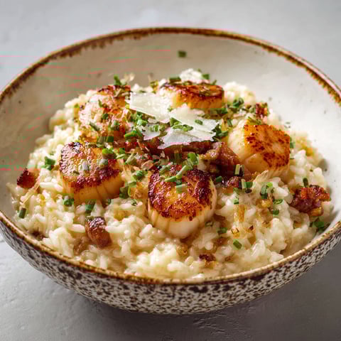 Une assiette de risotto aux noix de Saint-Jacques, avec des herbes fraîches et des noix de Saint-Jacques.