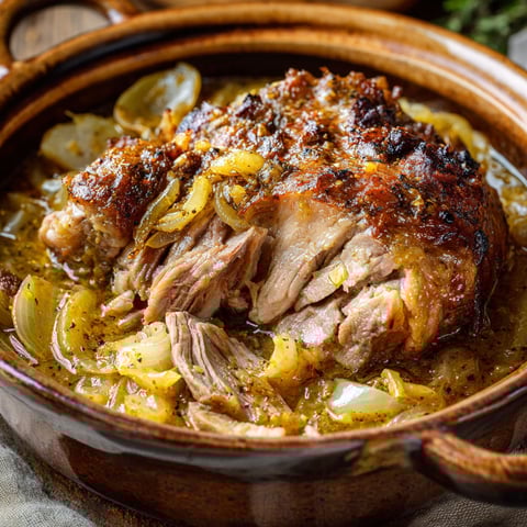 Un morceau de porc braisé à l'oignon dans un bol.