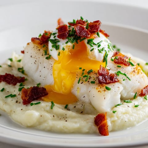 Un poisson poché avec une purée de céleri, un œuf mollet et des lardons croustillants.