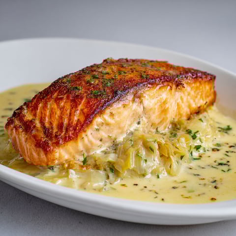 Saumon grillé sur fondue de poireaux.