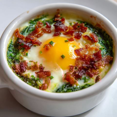Une assiette de Œufs cocotte à l'oseille, avec des herbes vertes et des bacon, est servie dans un bol.