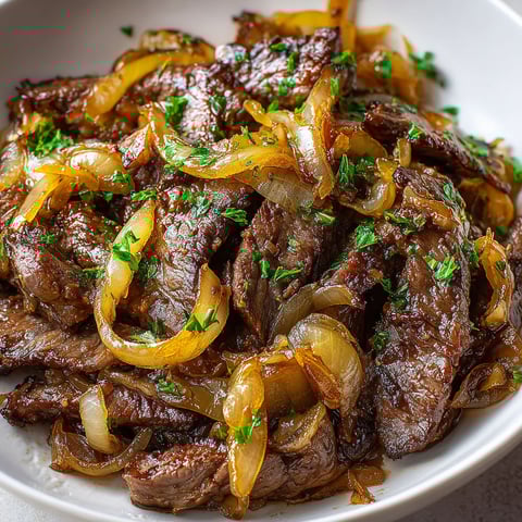 Une assiette de bœuf fondant aux oignons caramélisés, servie dans un bol blanc.