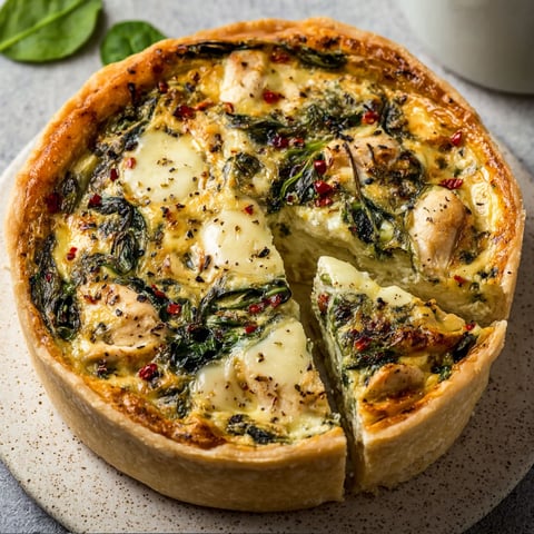 Une quiche épinard-poulet à la mozzarella est servie sur un plateau.