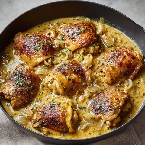 Poulet fermier à la normande dans un bol.