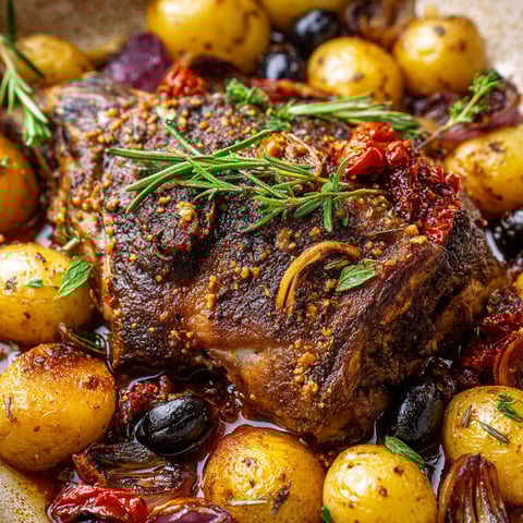 Une épaule de chevreau braisée à la méditerranéenne, accompagnée de légumes et herbes, dans un plat rempli de saveur.